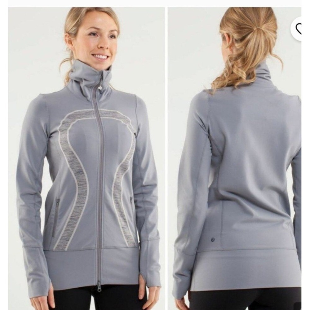 Lululemon In Stride Jacket Size 8 Grey Excellent Full Zip Thumbholes Funnel Neck